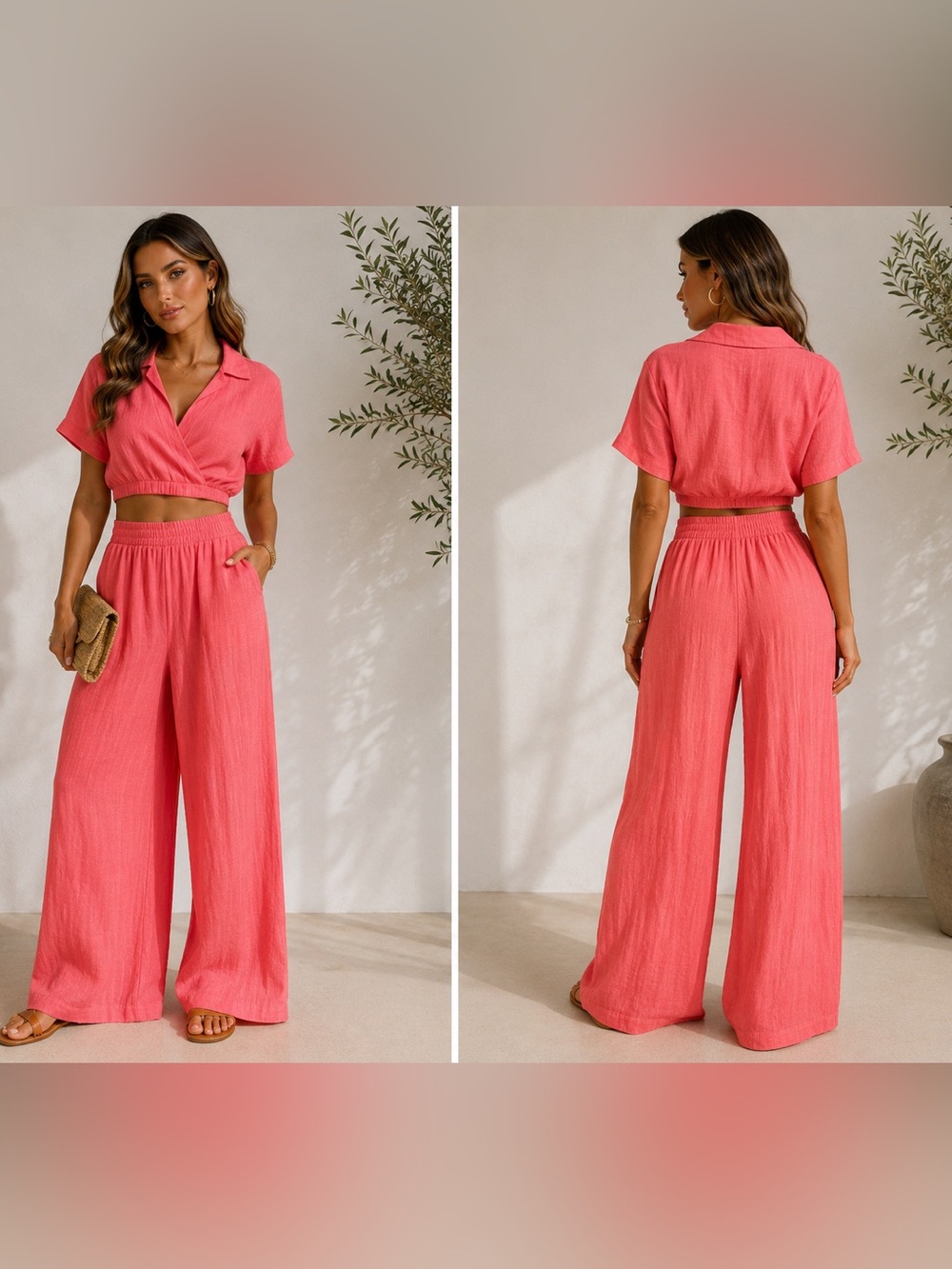 HYFVE Coral Two Piece Linen Blend Look Set Crop Top Wide Leg Pants Medium NWOT